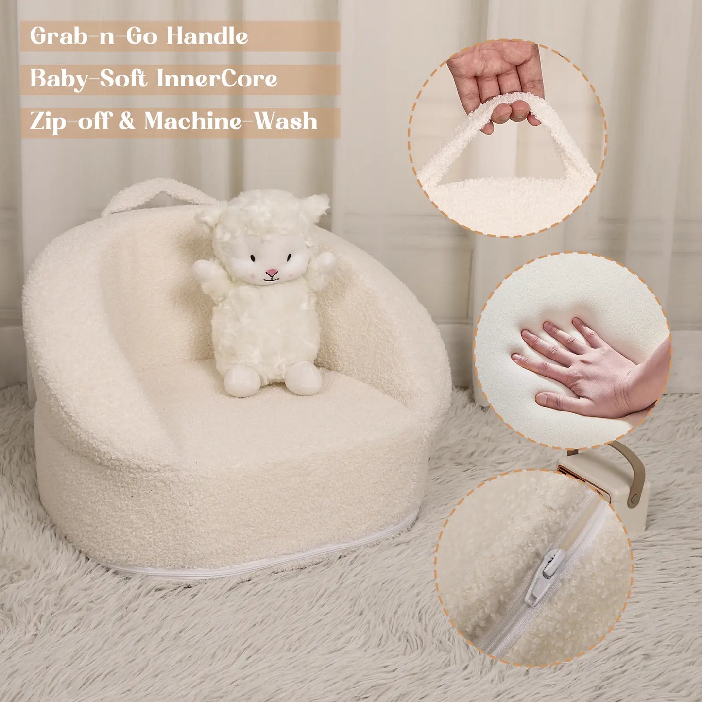 Mini Toddler Chair Comfy - 17.3'' Compact Kids Couch with Carry Handle, Soft Teddy Plush Baby Chair, Washable Cover & Sturdy Design for Nursery & Playroom - White