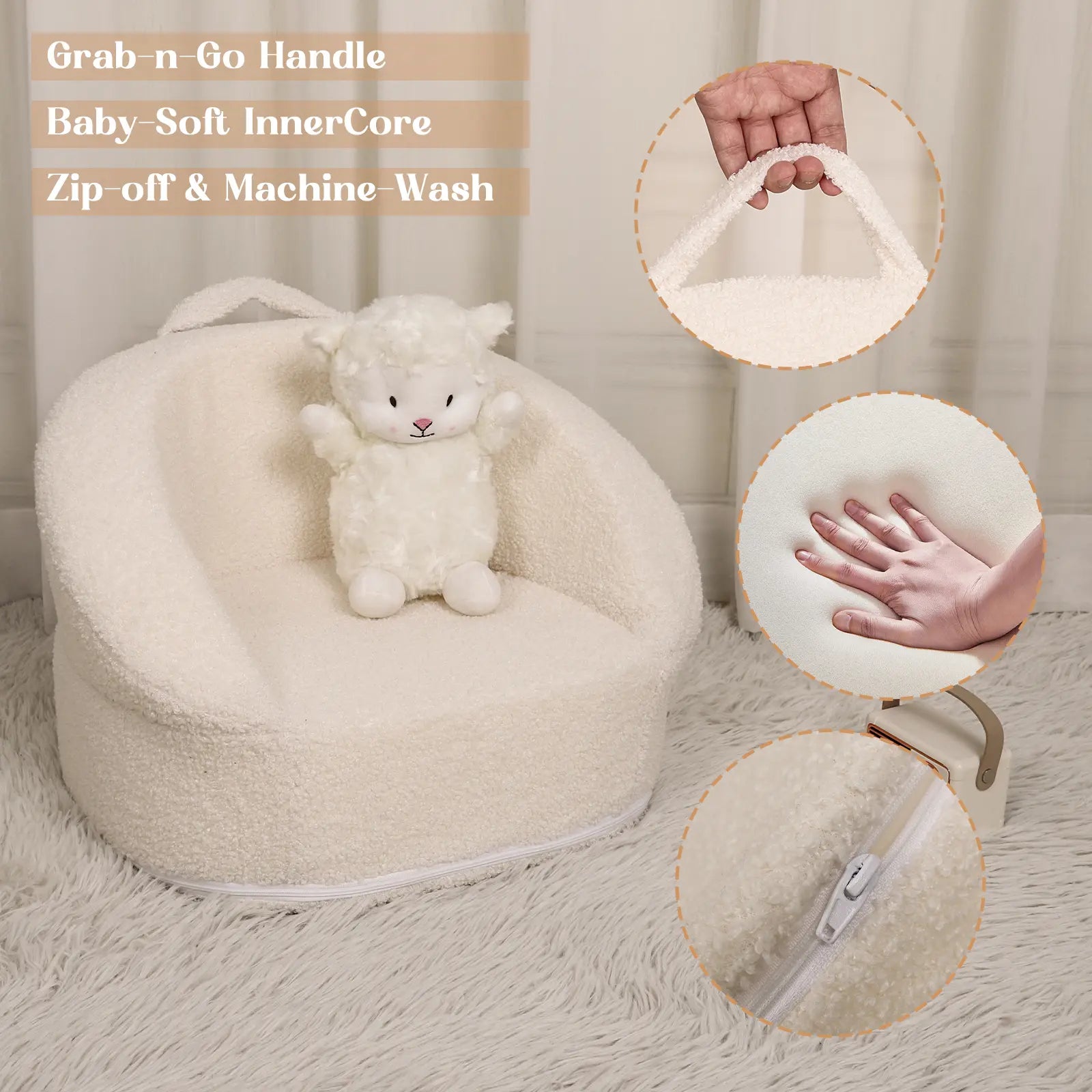 Mini Toddler Chair Comfy - 17.3'' Compact Kids Couch with Carry Handle, Soft Teddy Plush Baby Chair, Washable Cover & Sturdy Design for Nursery & Playroom - White