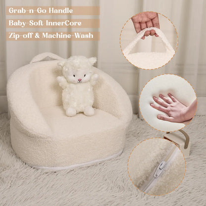 Mini Toddler Chair Comfy - 17.3'' Compact Kids Couch with Carry Handle, Soft Teddy Plush Baby Chair, Washable Cover & Sturdy Design for Nursery & Playroom - White
