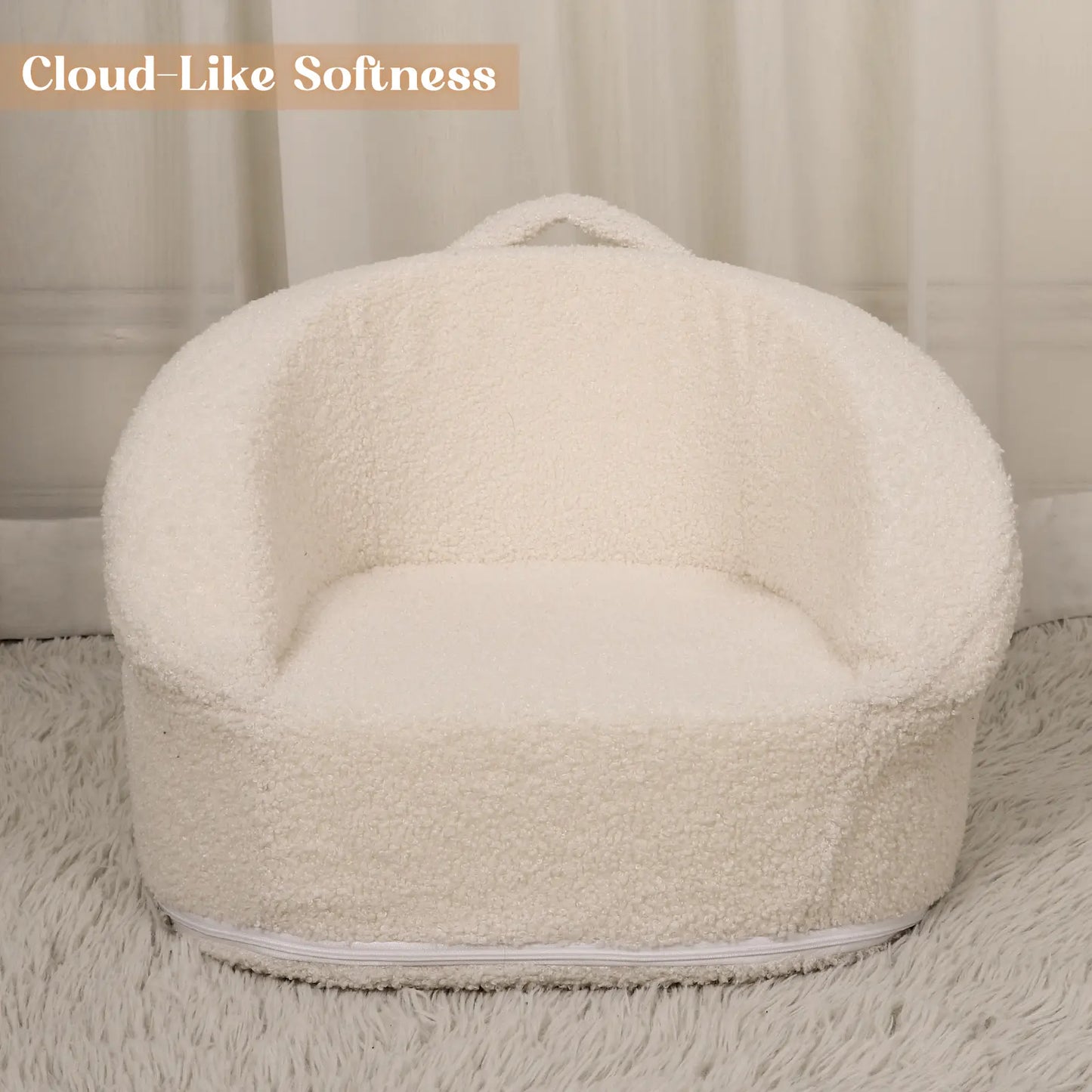 Mini Toddler Chair Comfy - 17.3'' Compact Kids Couch with Carry Handle, Soft Teddy Plush Baby Chair, Washable Cover & Sturdy Design for Nursery & Playroom - White