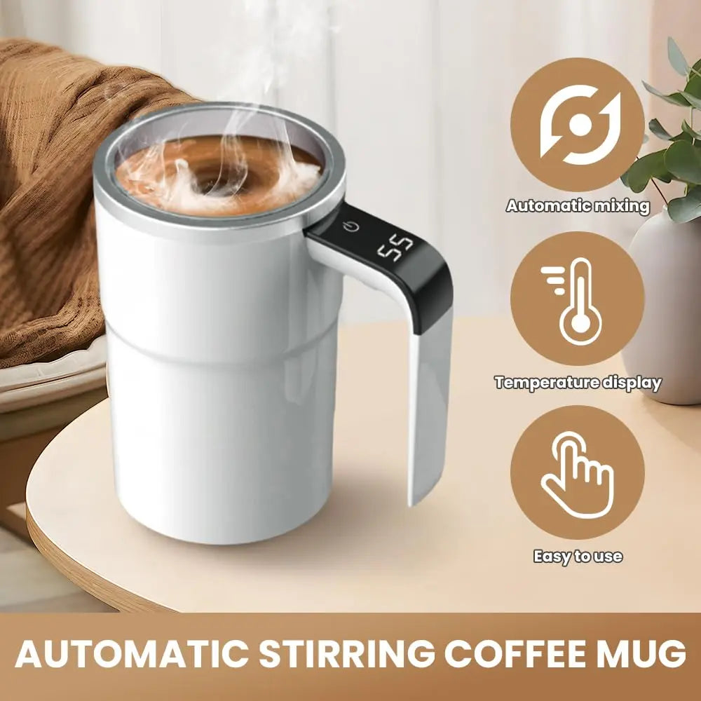 Electric Self-Stirring Coffee Mug with Magnetic Stirring Technology and Rechargeable Automatic Mixing Function, Featuring LCD Thermometer for Milk and Cocoa - Ideal for Office, Kitchen, and Travel Use