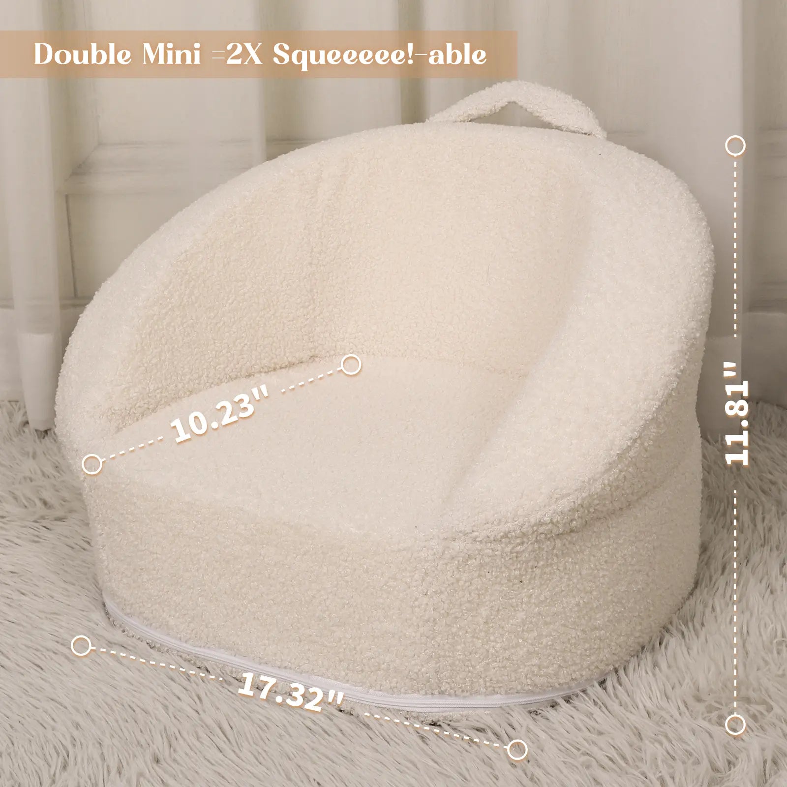 Mini Toddler Chair Comfy - 17.3'' Compact Kids Couch with Carry Handle, Soft Teddy Plush Baby Chair, Washable Cover & Sturdy Design for Nursery & Playroom - White
