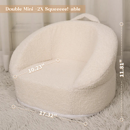 Mini Toddler Chair Comfy - 17.3'' Compact Kids Couch with Carry Handle, Soft Teddy Plush Baby Chair, Washable Cover & Sturdy Design for Nursery & Playroom - White
