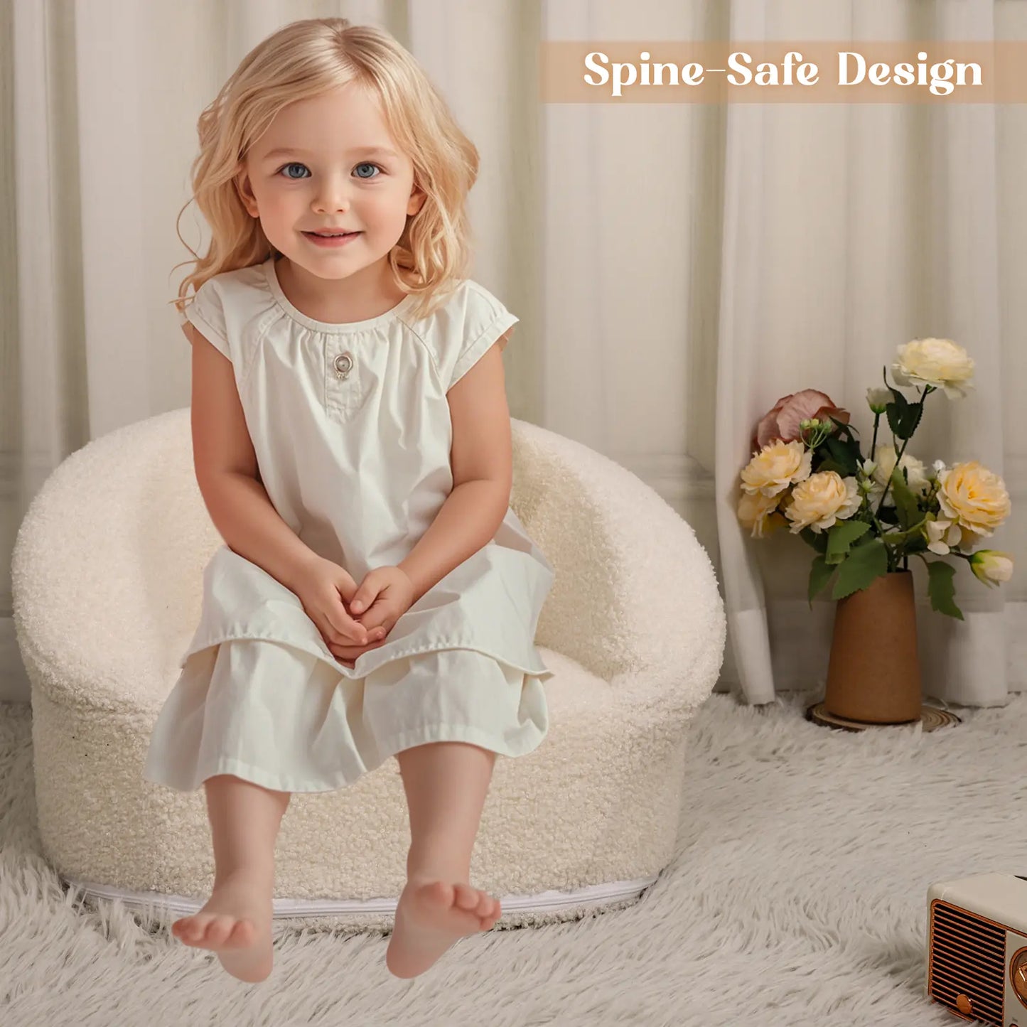 Mini Toddler Chair Comfy - 17.3'' Compact Kids Couch with Carry Handle, Soft Teddy Plush Baby Chair, Washable Cover & Sturdy Design for Nursery & Playroom - White