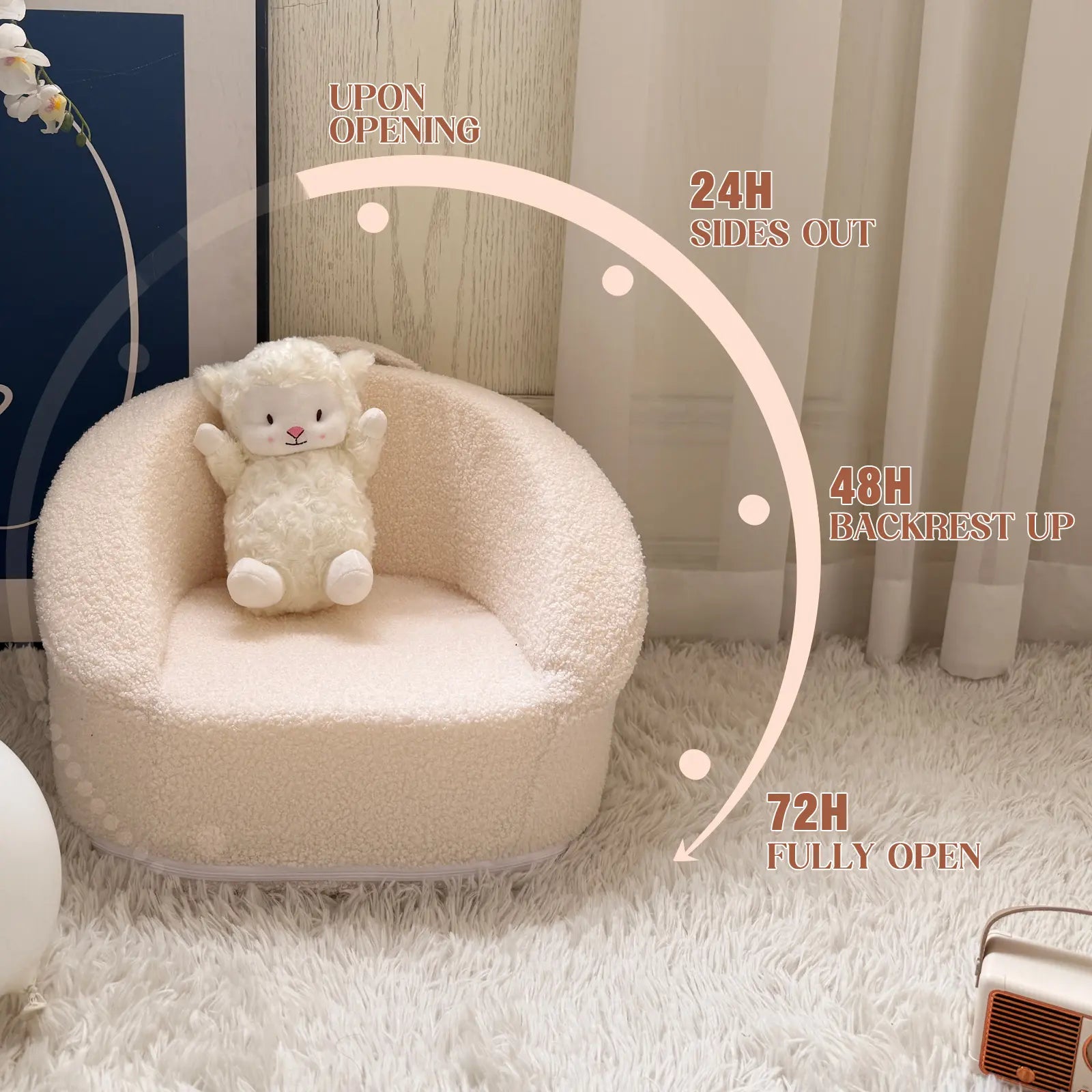 Mini Toddler Chair Comfy - 17.3'' Compact Kids Couch with Carry Handle, Soft Teddy Plush Baby Chair, Washable Cover & Sturdy Design for Nursery & Playroom - White