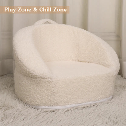 Mini Toddler Chair Comfy - 17.3'' Compact Kids Couch with Carry Handle, Soft Teddy Plush Baby Chair, Washable Cover & Sturdy Design for Nursery & Playroom - White